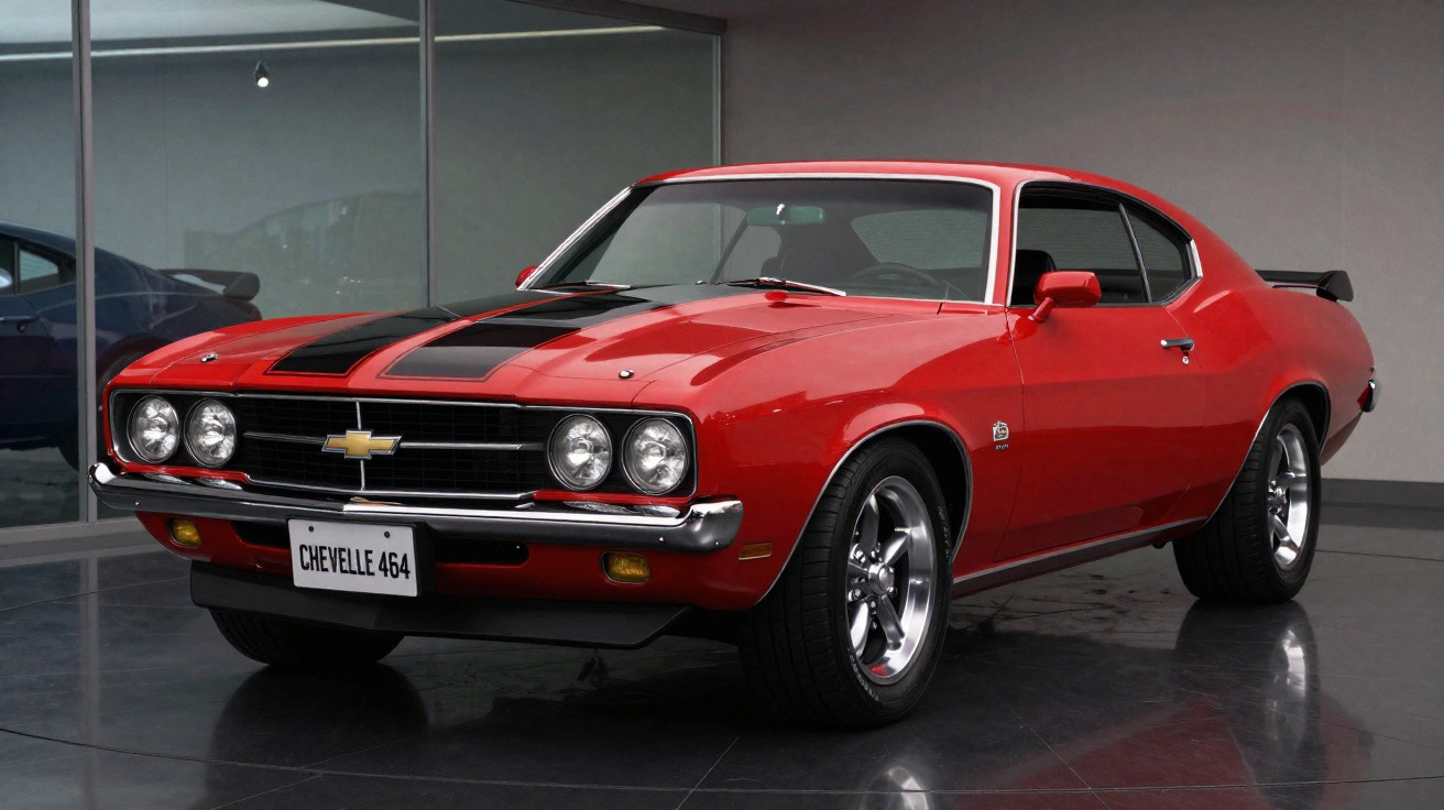 Carro clássico Chevrolet Chevelle 464 vermelho com riscas pretas, estacionado em piso brilhante interior.