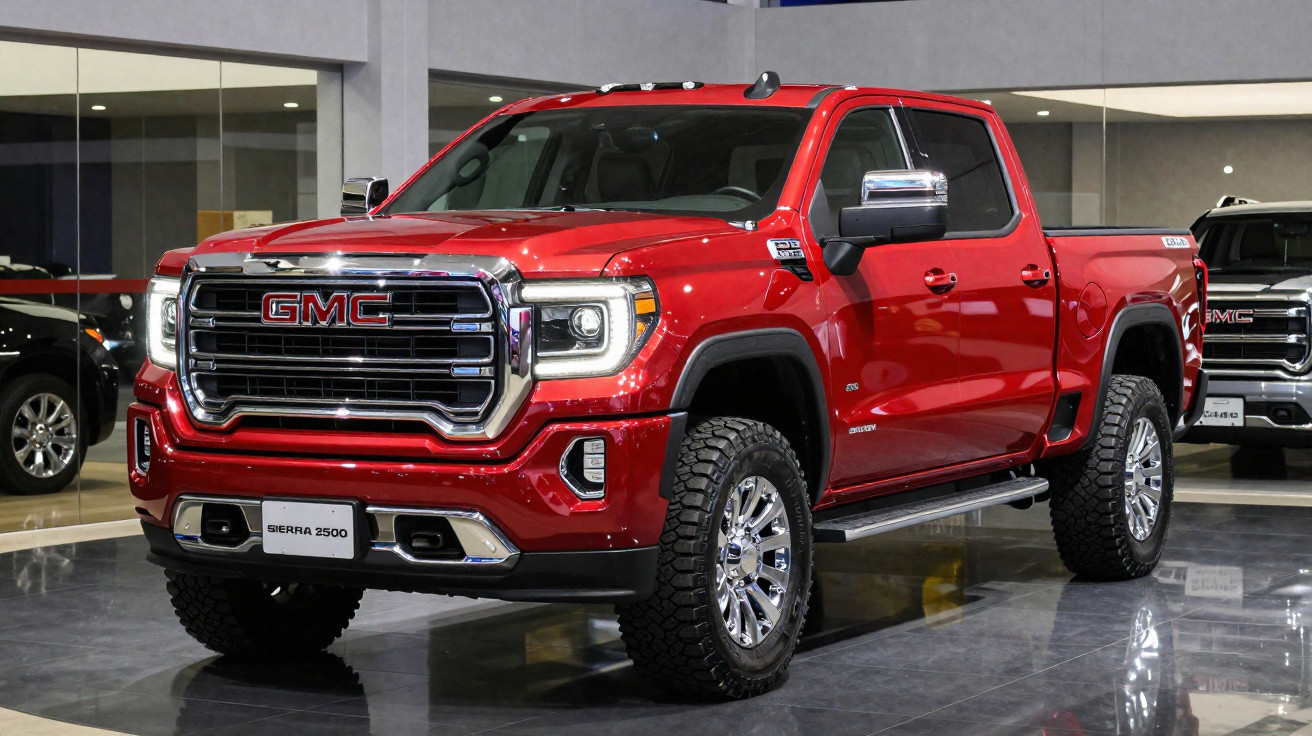 Pick-up vermelha GMC Sierra 2500 em exposição numa sala de viaturas moderna.