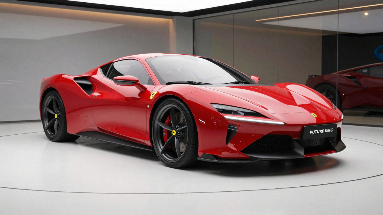 Carro desportivo Ferrari vermelho brilhante em exposição num ambiente moderno e minimalista.