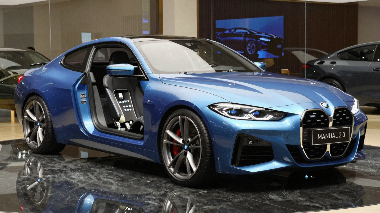 Carro desportivo BMW azul com porta aberta, interior visível e placa "Manual 2.0" em showroom moderno.