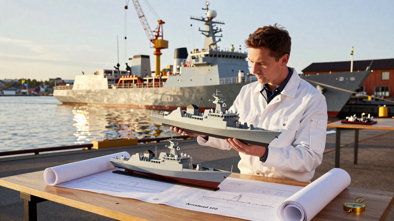 Homem com bata branca examina modelo de navio de guerra em cais junto a grande navio real ao fundo.