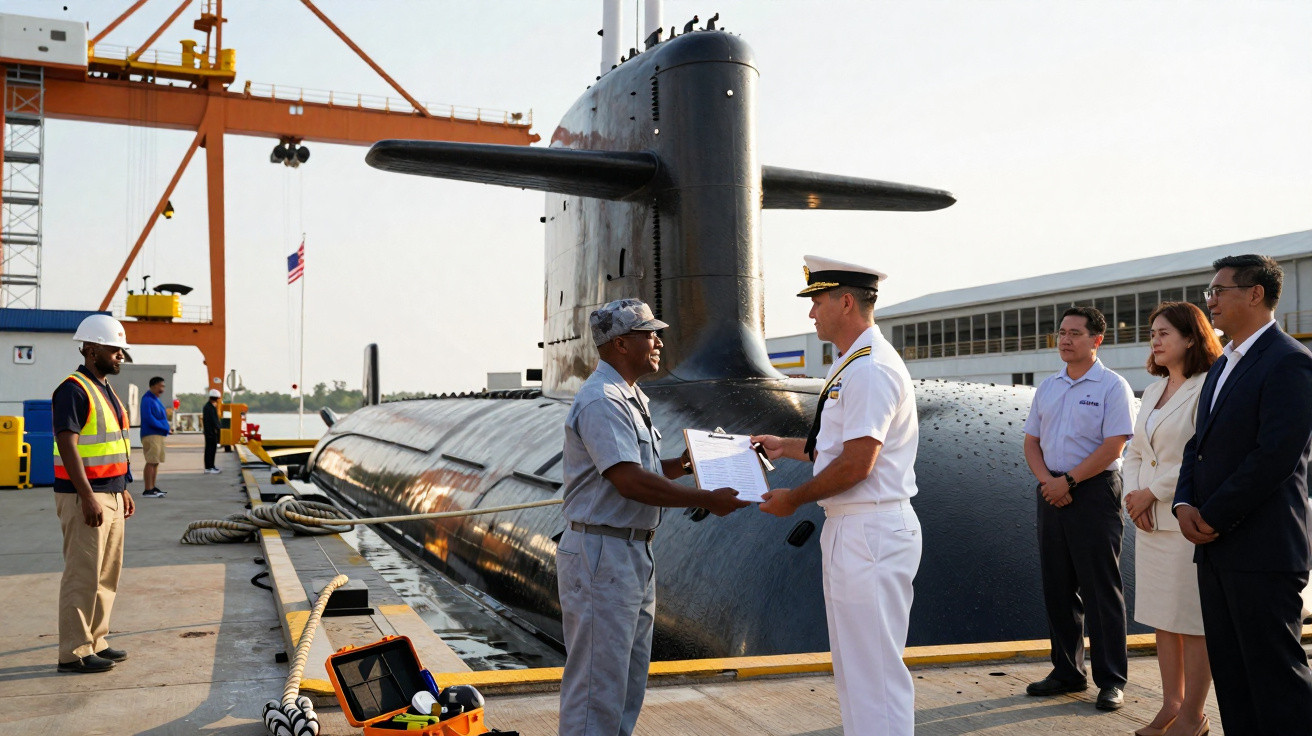 Submarino atracado com dois militares a trocar documentos e várias pessoas a observar numa doca industrial.