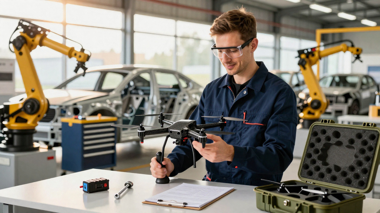 Homem com óculos de proteção a manusear drone em oficina automóvel com robôs e carros ao fundo.
