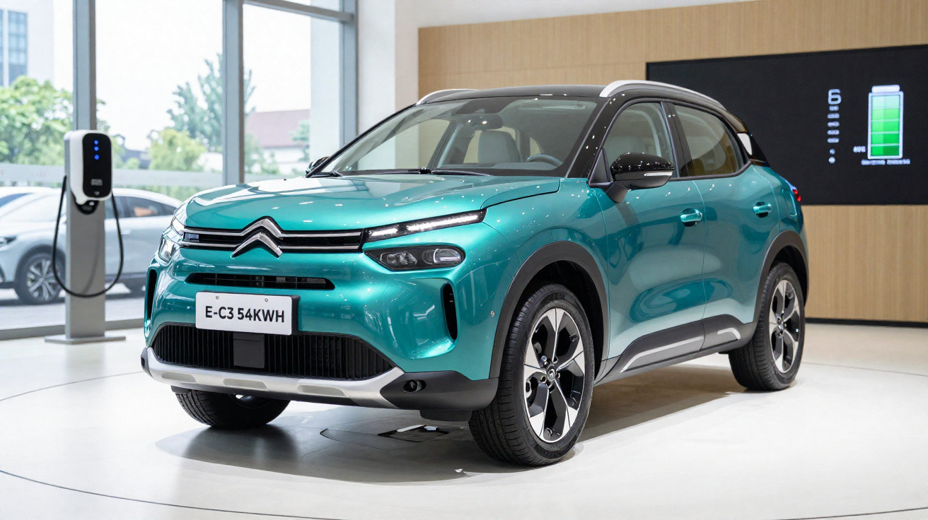 Carro elétrico Citroën E-C3 azul turquesa em exposição, junto a estação de carregamento.
