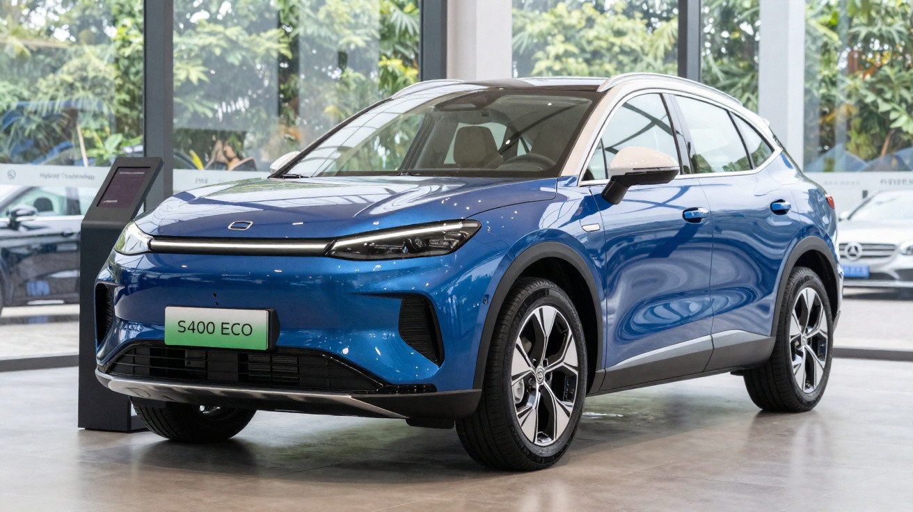 Carro elétrico azul S400 ECO exposto numa sala com janelas amplas e luz natural.