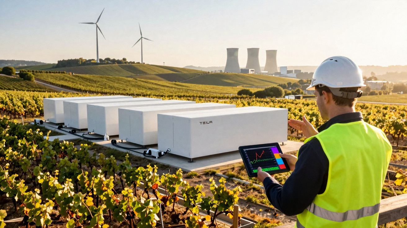 Engenheiro a monitorizar baterias Tesla com turbinas eólicas e central nuclear ao fundo numa vinha.