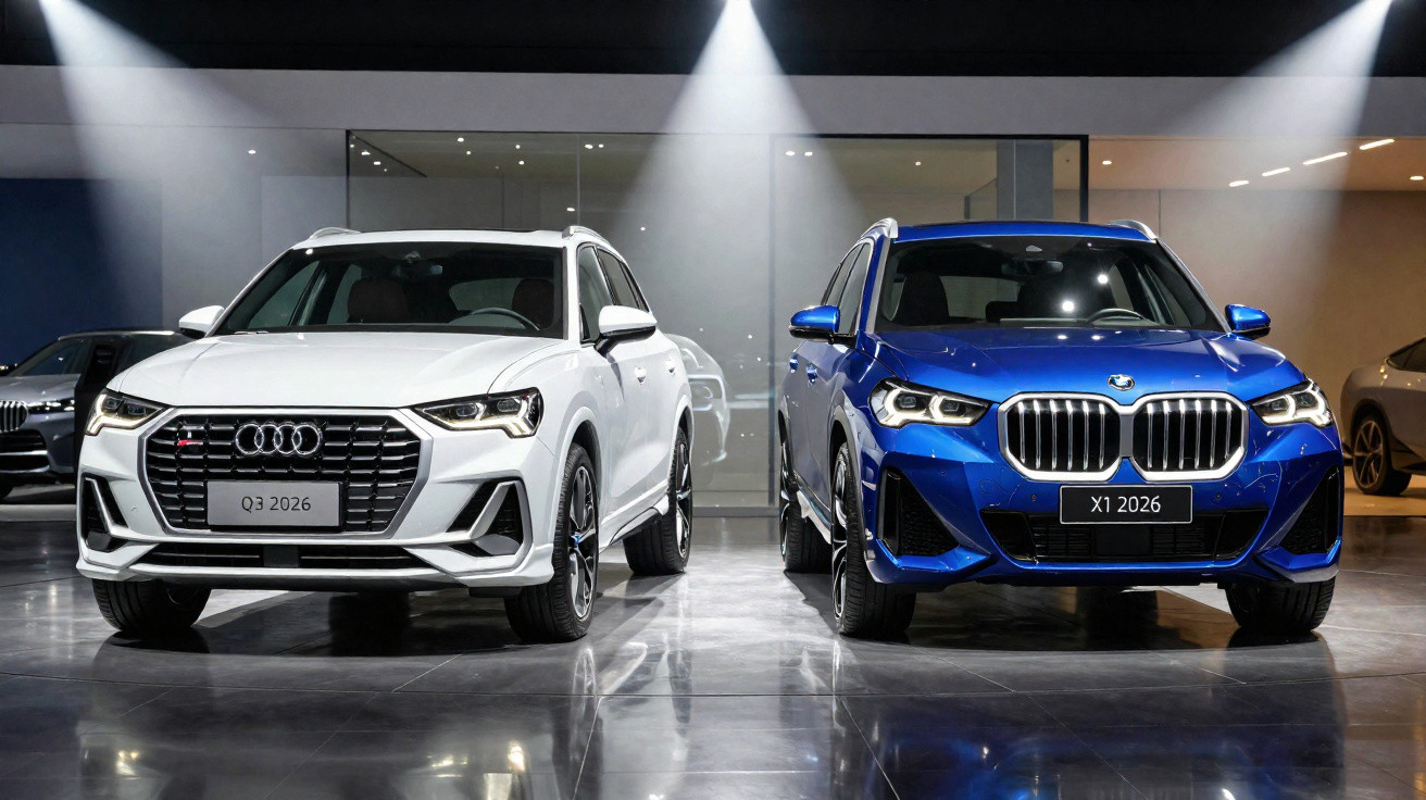 Dois carros SUV, Audi Q3 branco e BMW X1 azul, expostos em salão iluminado com foco.