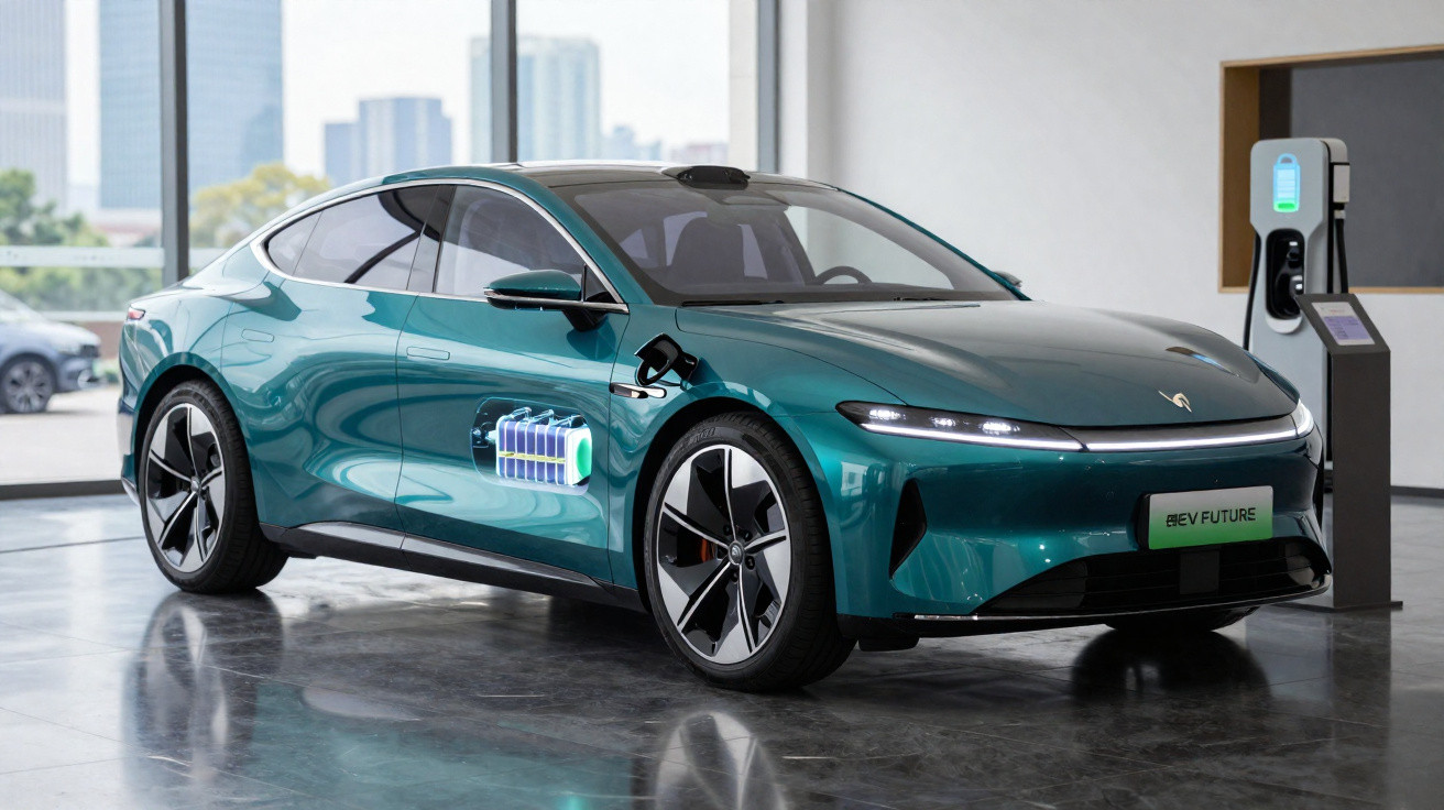 Carro elétrico verde a ser carregado numa estação de carregamento dentro de um edifício moderno.