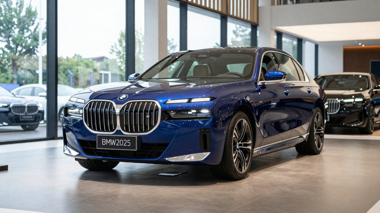 Carro BMW azul escuro modelo 2025 numa sala de exposição moderna com janelas grandes.