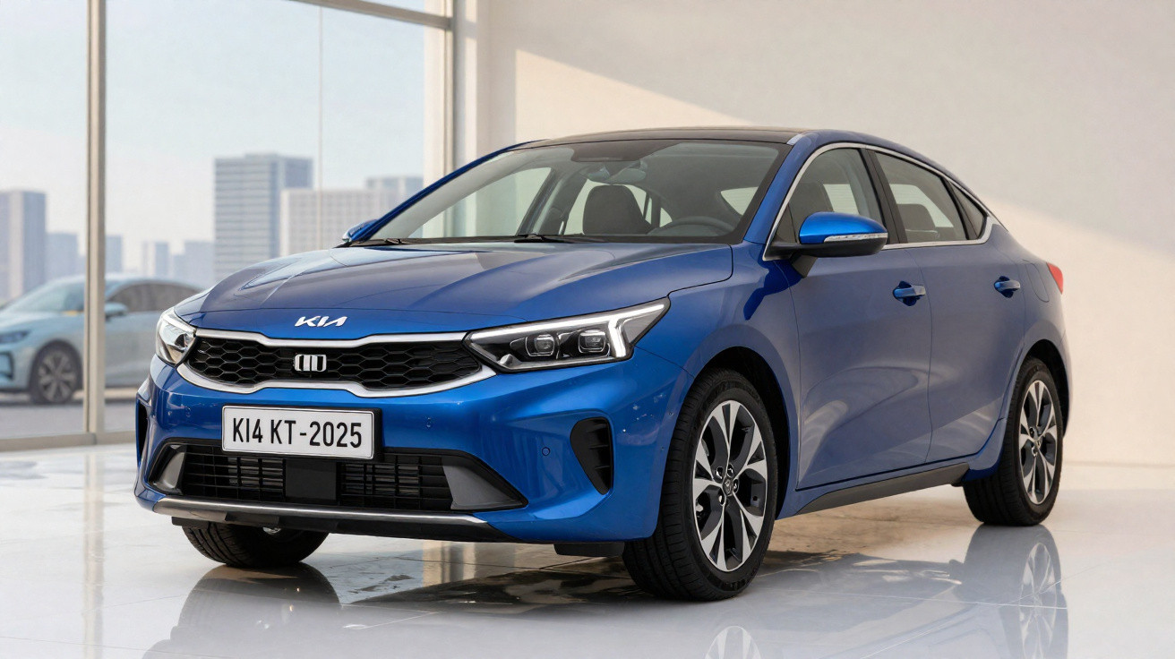 Carro sedan azul brilhante Kia estacionado num showroom com janelas amplas e luz natural.
