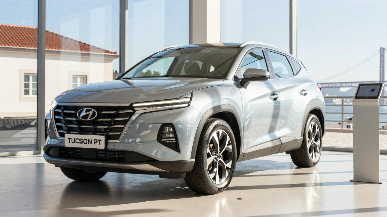Automóvel Hyundai Tucson cinza estacionado em interior com grandes janelas e vista de ponte ao fundo.