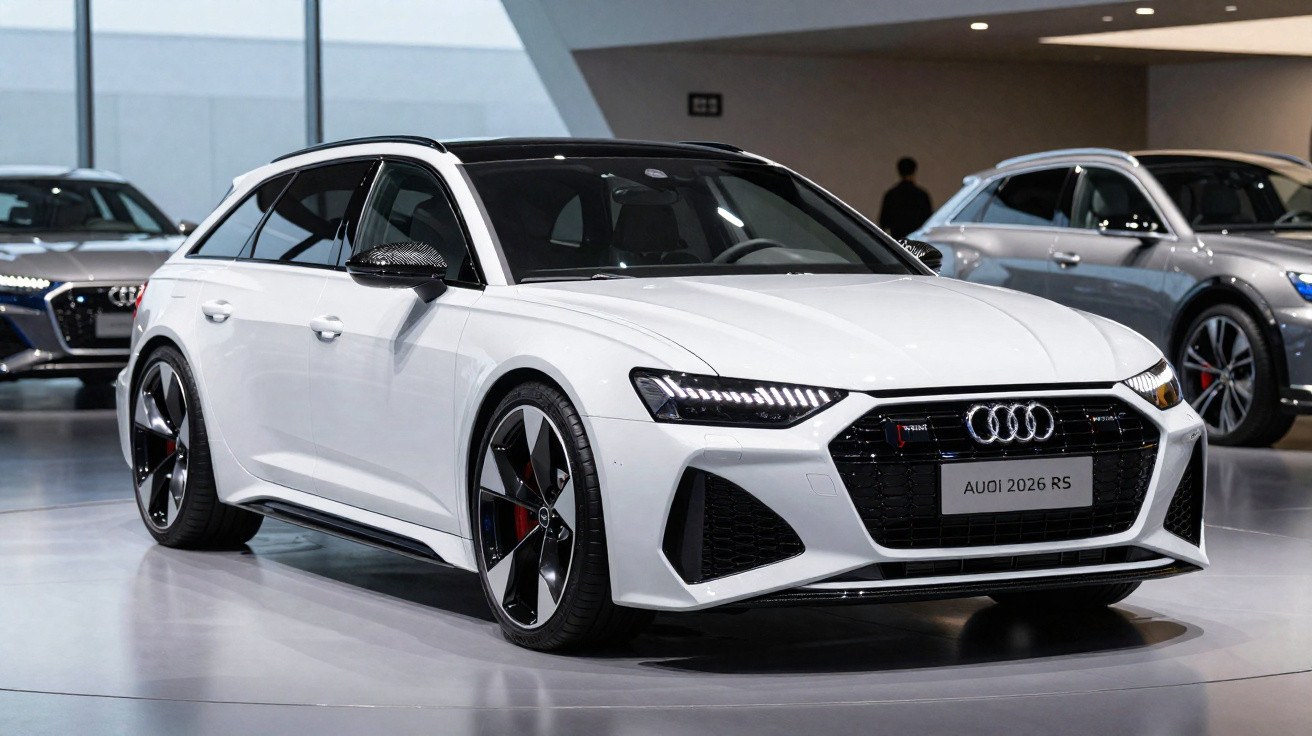 Carro Audi RS 2026 branco exibido numa exposição automóvel moderna com iluminação interior.