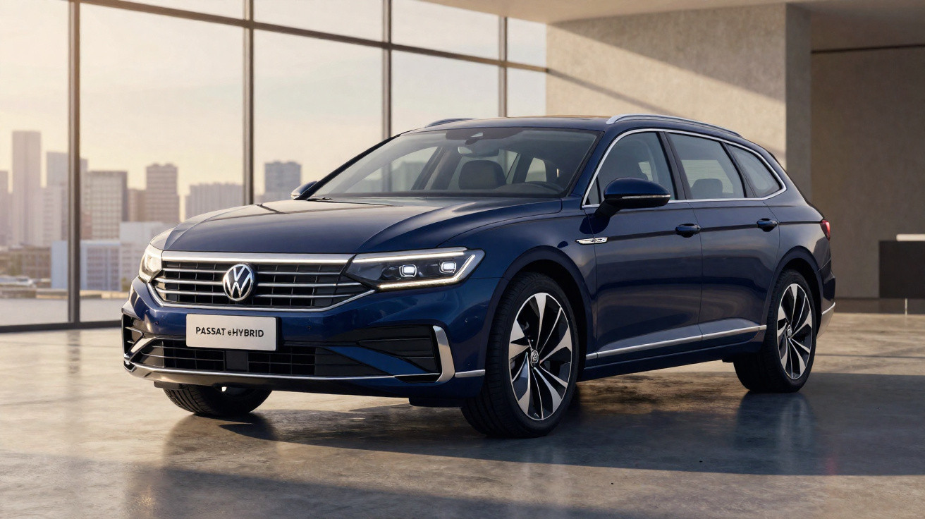 Carro Volkswagen Passat eHybrid azul estacionado em espaço moderno com janelas grandes.