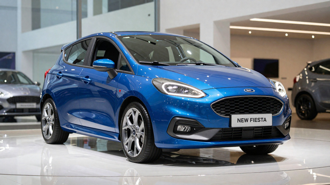 Carro azul Ford New Fiesta exposto em salão de automóveis moderno, com luzes refletidas na pintura brilhante.