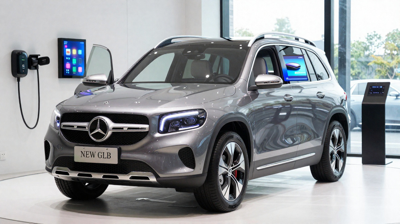 Carro elétrico Mercedes-Benz New GLB cinzento exposto em showroom, com carregador montado na parede.