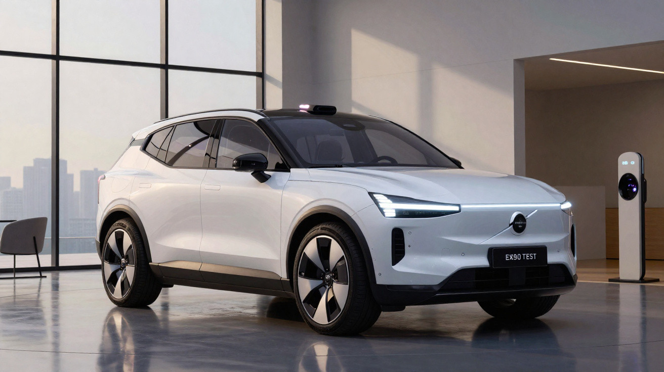 SUV eléctrico branco Volvo EX90 estacionado em espaço interior moderno com grandes janelas de vidro.