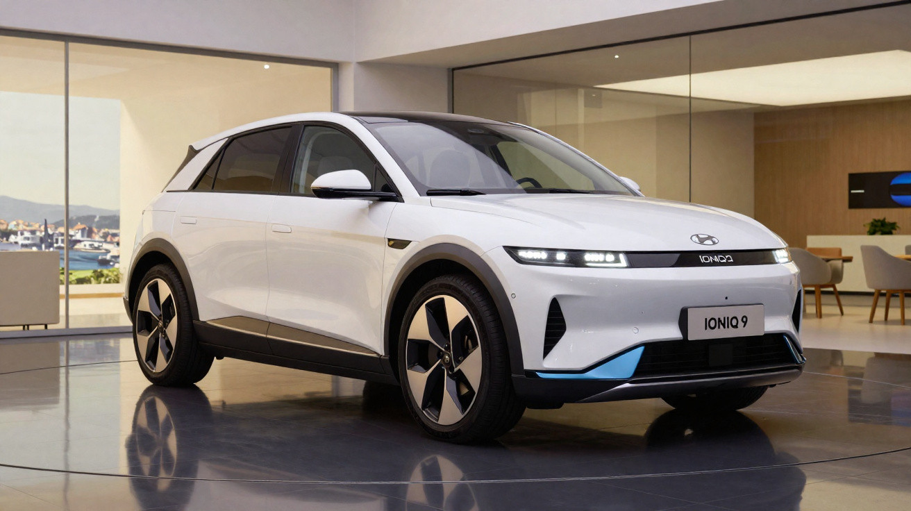 Carro elétrico branco Hyundai Ioniq 9 estacionado num salão moderno com chão refletor.