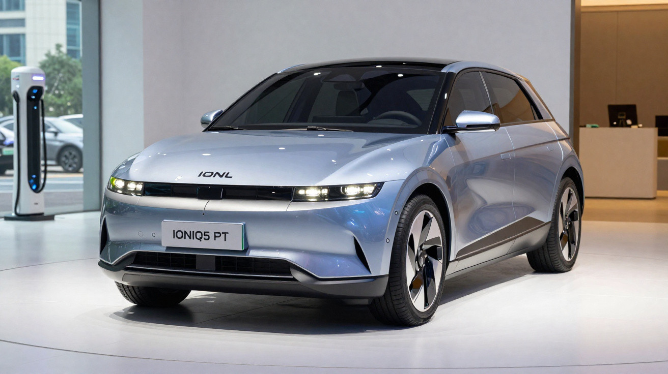 Carro elétrico Ioniq 5 prata num espaço interior com carregador elétrico à esquerda.