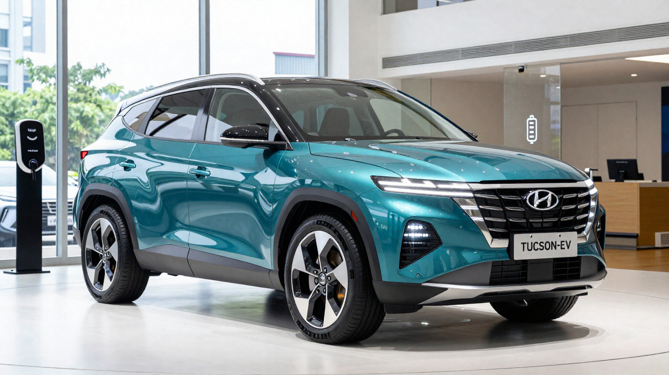 Automóvel Hyundai Tucson EV elétrico azul exposto num salão moderno com carregador ao fundo.
