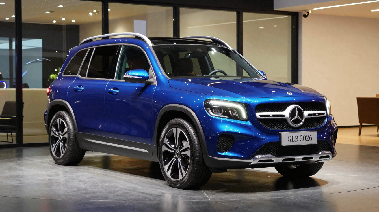 Carro SUV Mercedes-Benz GLB azul em exposição num showroom com chão cinza e paredes de vidro.