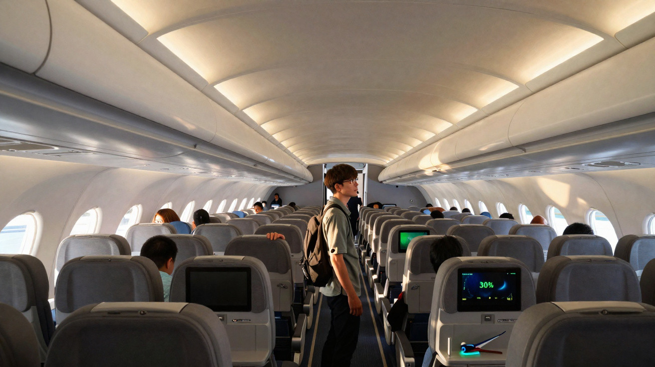 Interior de avião com passageiros sentados e um homem de pé no corredor iluminado pela luz natural.