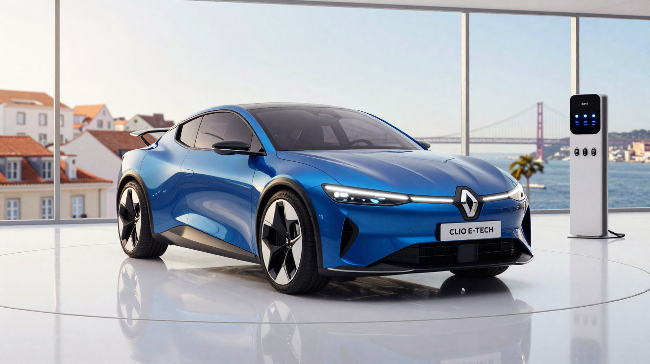 Carro elétrico Renault Clio E-Tech azul exposto em showroom moderno com vista para uma ponte e o rio.