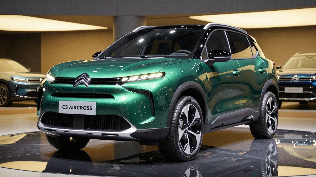 Automóvel Citroën C3 Aircross verde exposto em salão com luzes refletidas no capô.