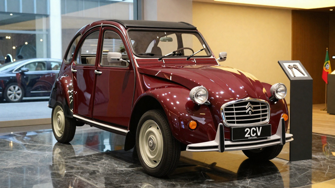 Carro clássico Citroën 2CV vermelho exposto em interior com chão de mármore e bandeira de Portugal ao fundo.