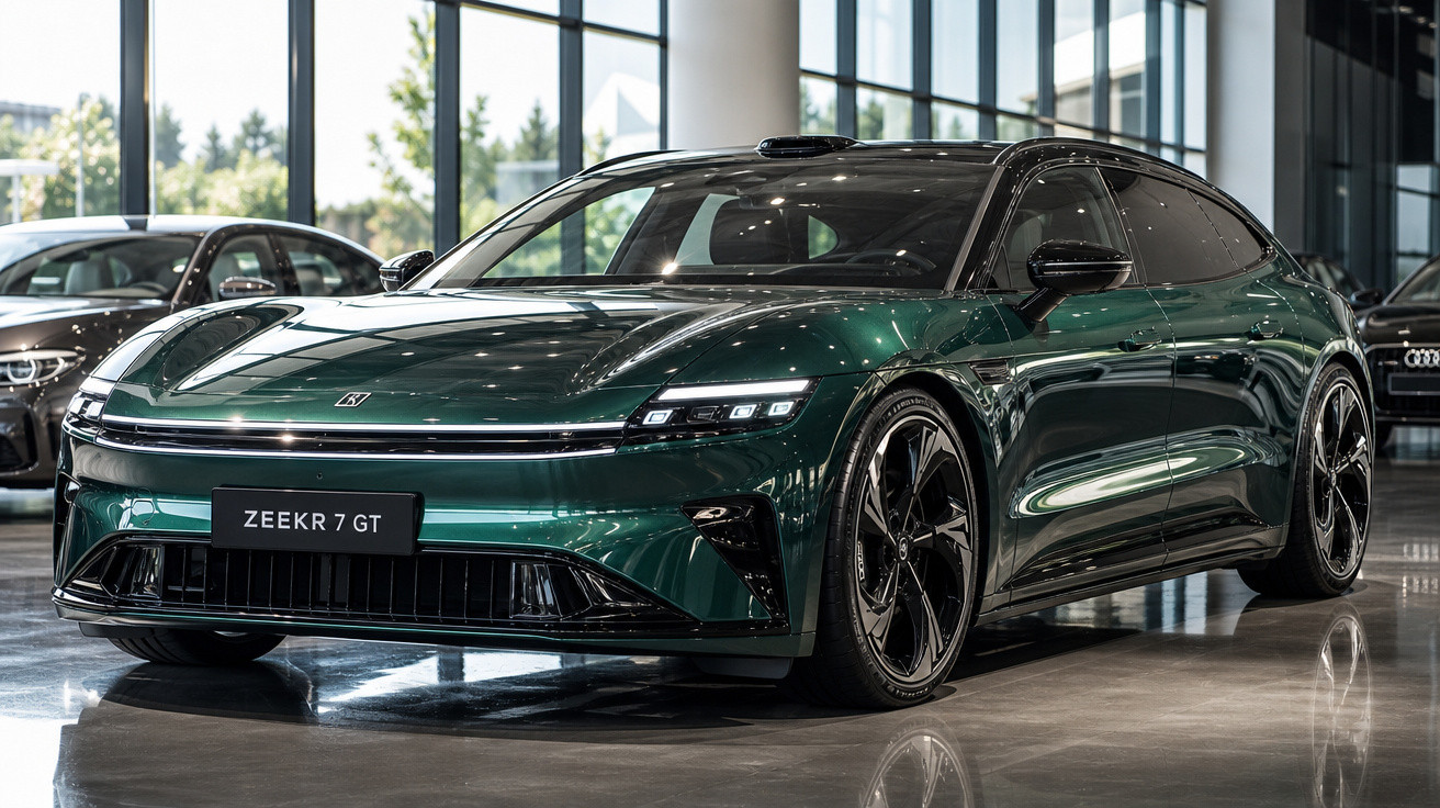 Carro elétrico verde Zeekr 7 GT em salão moderno com jantes pretas e design aerodinâmico.