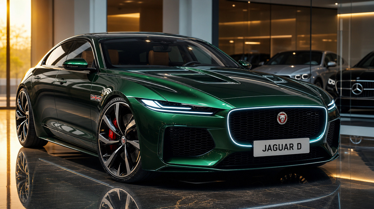 Carro desportivo Jaguar verde metálico estacionado num interior moderno com piso refletor.
