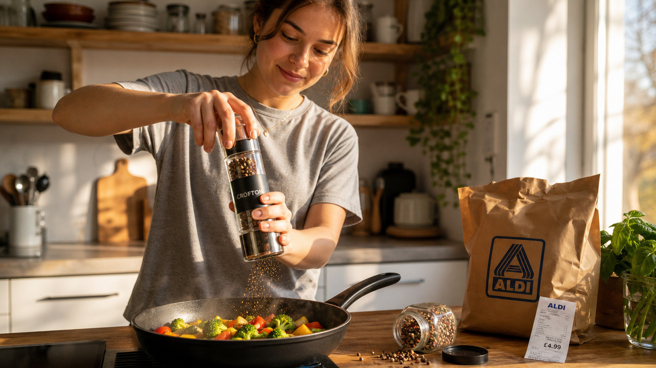 Mulher a temperar legumes numa frigideira numa cozinha iluminada pelo sol, com saco e recibo do Aldi na bancada.