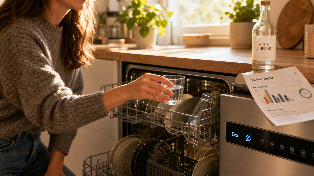 Pessoa a colocar um copo numa máquina de lavar loiça num ambiente de cozinha iluminado natural.