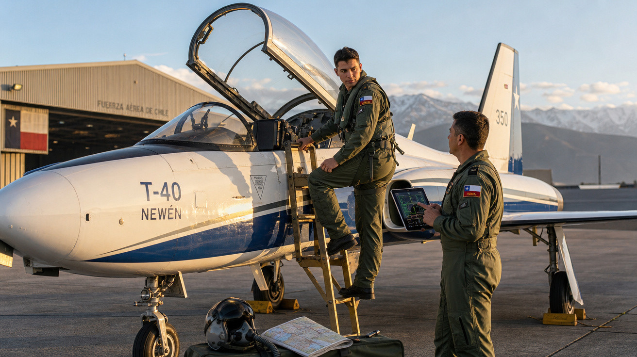 Dois pilotos em fato de voo junto a um avião militar T-40 Newen na base aérea do Chile ao pôr do sol.