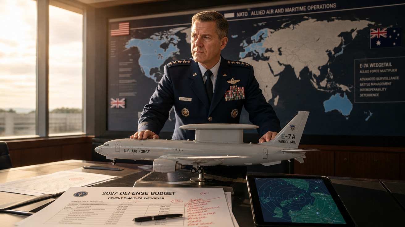 Militar com uniforme azul, junto a modelo de avião E-7A e documentos do orçamento de defesa de 2027.