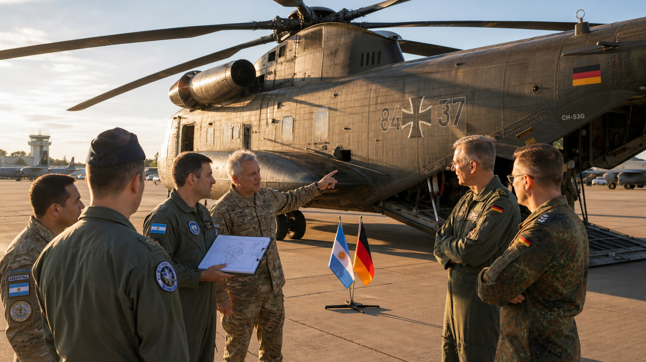 Militares da Argentina e Alemanha reunidos junto a um helicóptero militar no aeroporto ao pôr do sol.