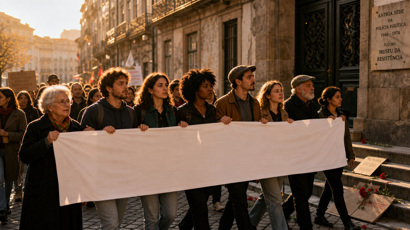Grupo diversificado de pessoas numa manifestação a segurar faixa branca em rua de pedra com placa histórica ao fundo.