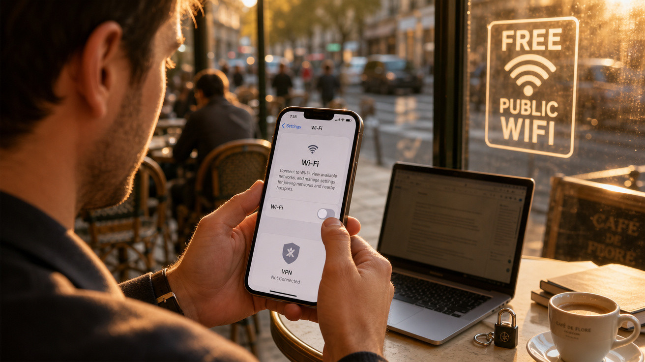 Homem liga Wi-Fi num smartphone numa esplanada com sinal de Wi-Fi público gratuito ao pôr do sol.