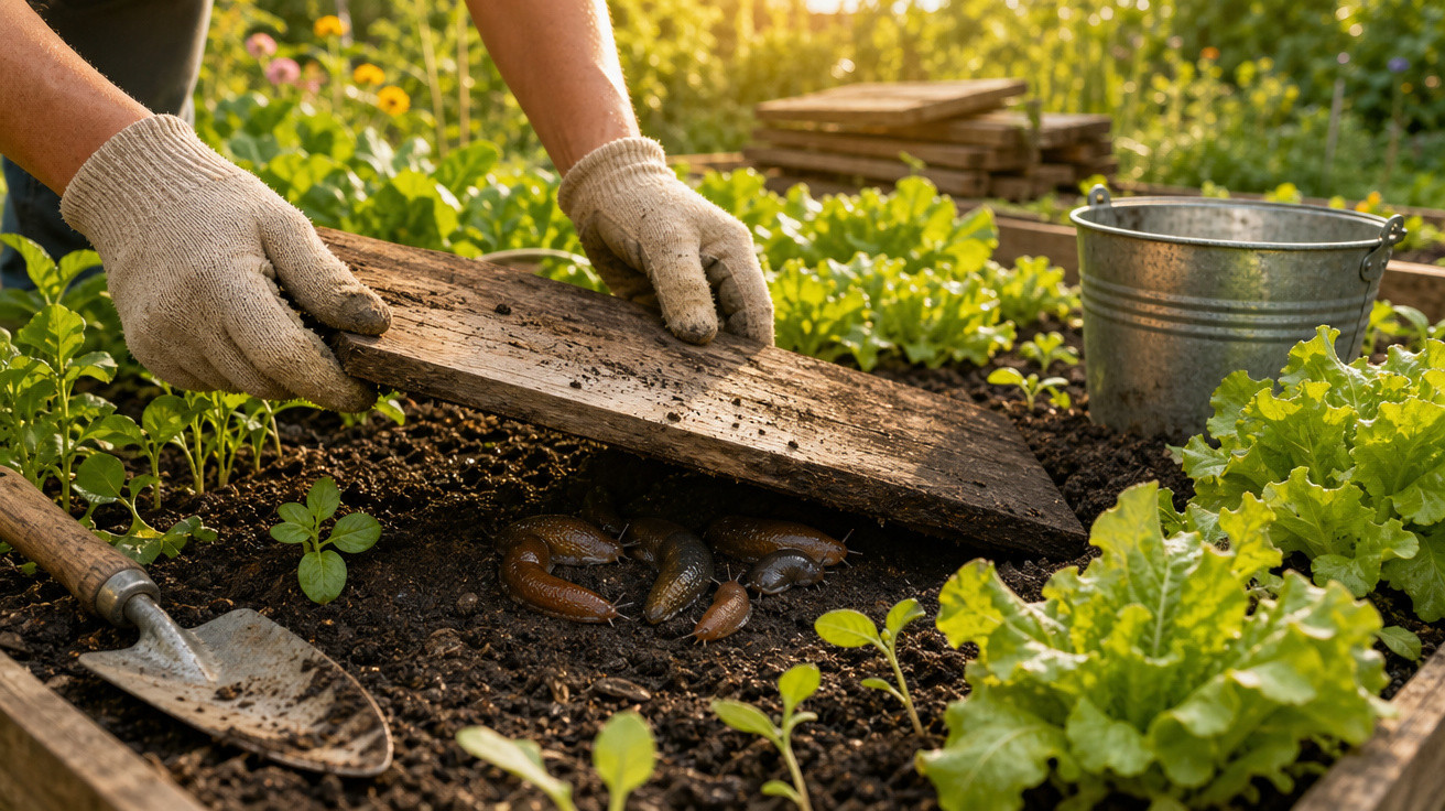 Pessoa a levantar uma tábua de madeira numa horta, revelando lesmas no solo fértil entre as plantas.