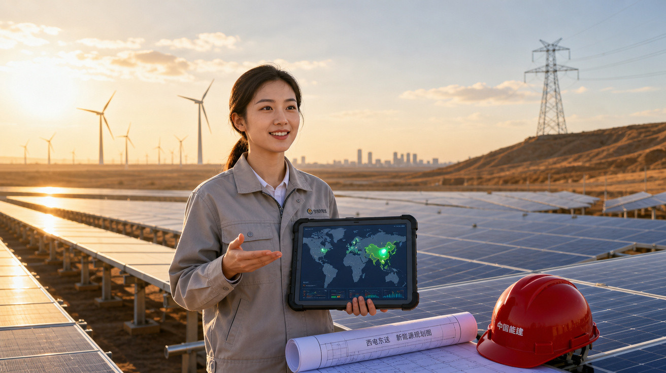 Mulher com tablet numa central solar, turbinas eólicas ao fundo ao pôr do sol, capacete vermelho e planos sobre o painel sola