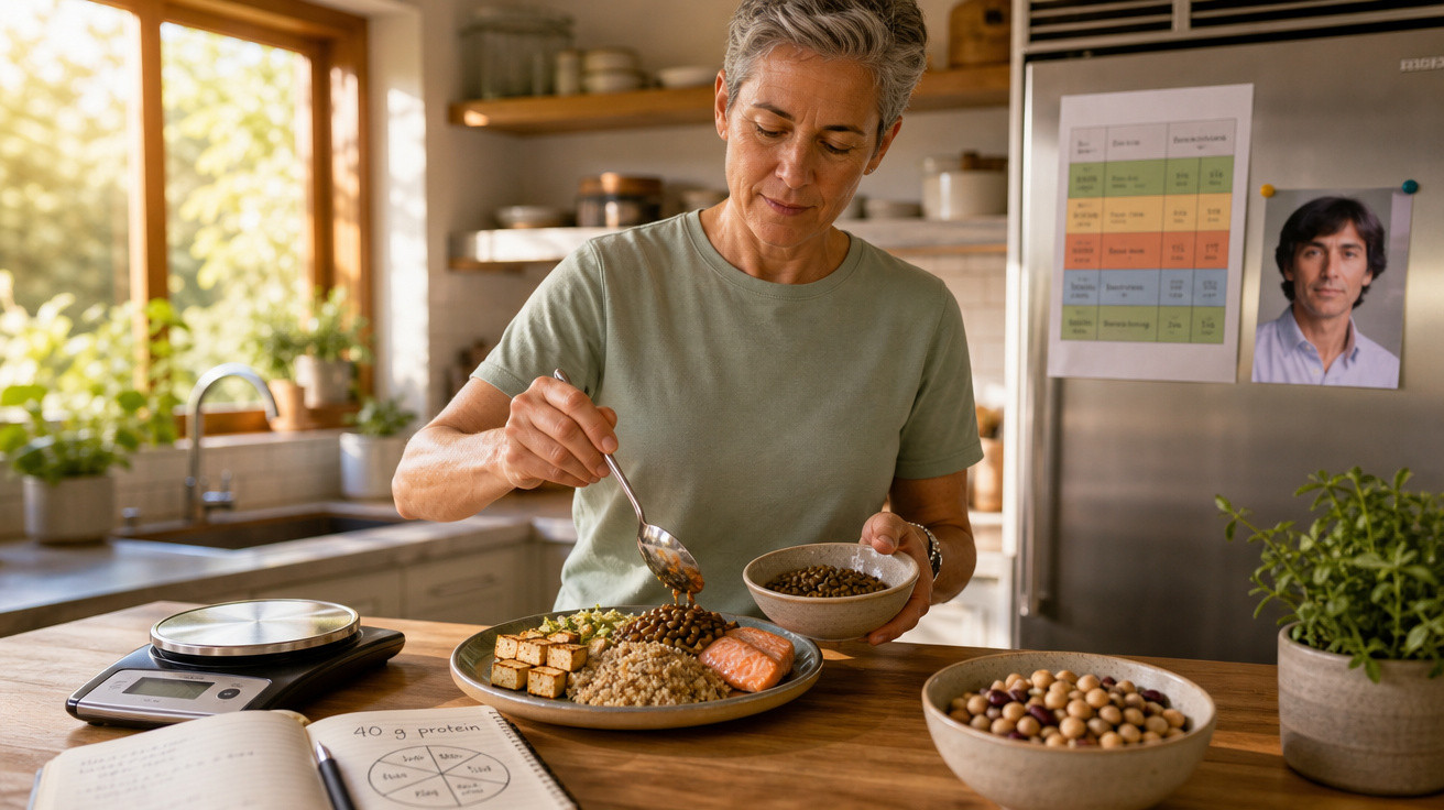 Mulher a preparar prato saudável com salmão, lentilhas e legumes numa cozinha luminosa.