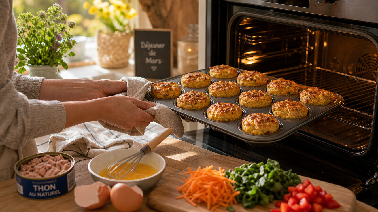 Pessoa a retirar do forno tabuleiro com 12 muffins dourados, com ingredientes frescos e utensílios de cozinha sobre bancada.