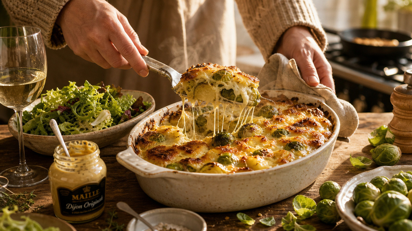 Prato de couves de Bruxelas gratinadas com queijo a ser servido numa colher de metal, ao lado de salada e vinho branco.