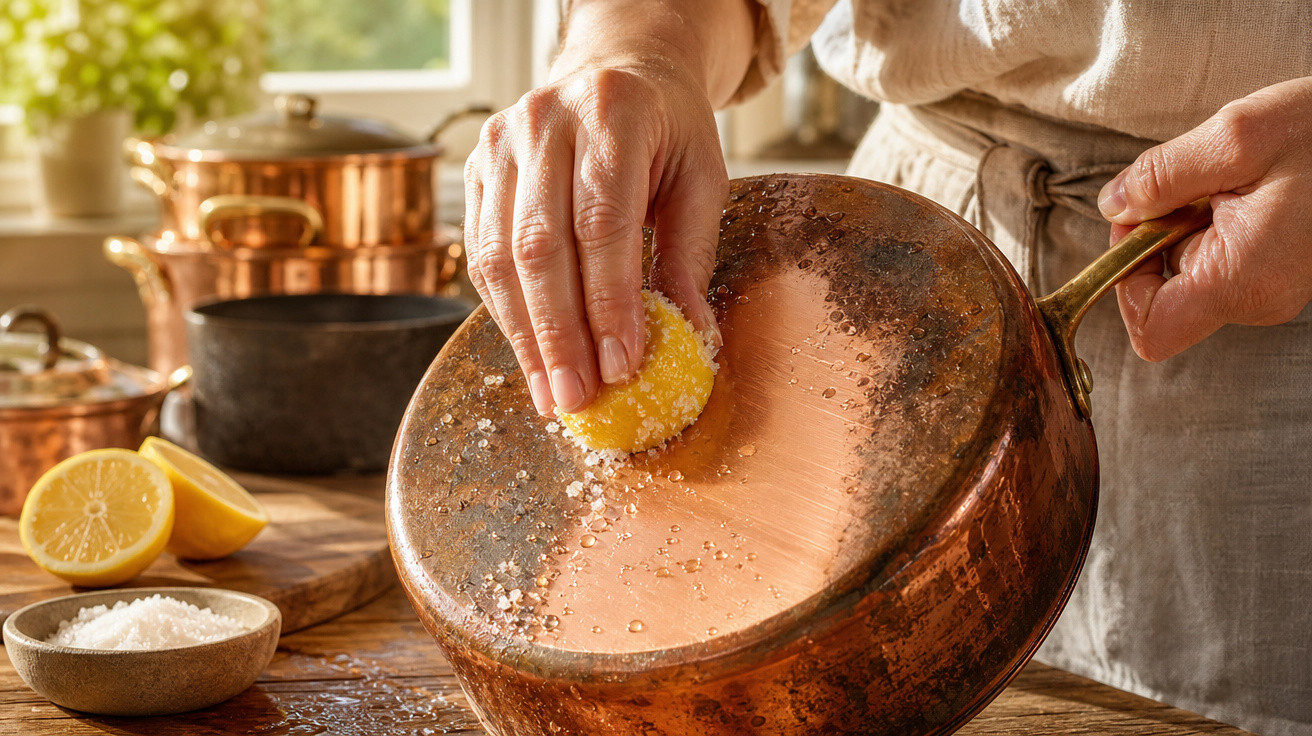 Pessoa a limpar frigideira de cobre com meio limão e sal grosso numa cozinha iluminada.