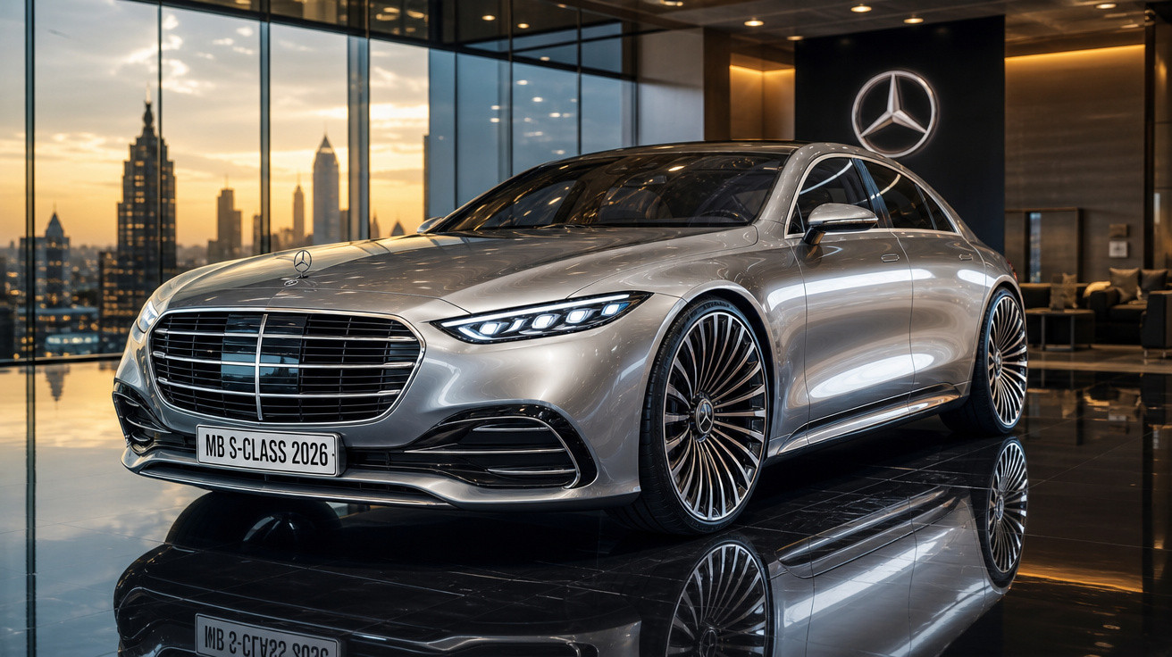 Carro Mercedes-Benz S-Class 2026 prateado em exposição moderna com reflexos no chão brilhante.