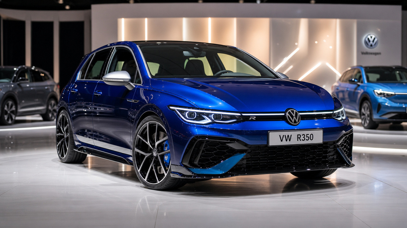 Carro desportivo Volkswagen azul VW R350 em exibição numa sala de exposição moderna.