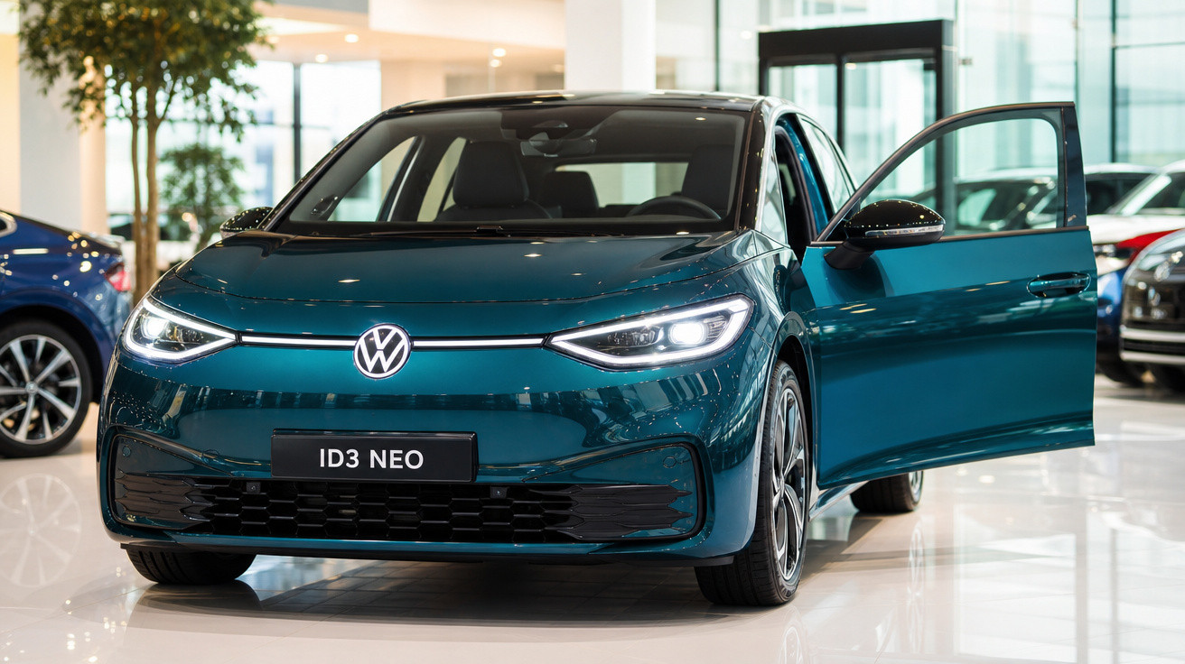 Carro elétrico Volkswagen ID3 Neo azul com porta dianteira aberta em concessionária.