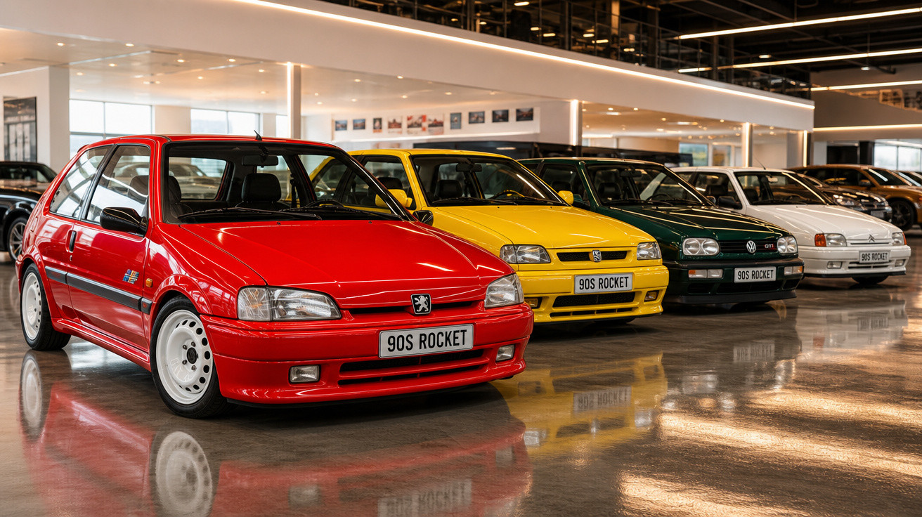 Carros clássicos coloridos da década de 90 alinhados em exposição interior com placas "90S ROCKET".