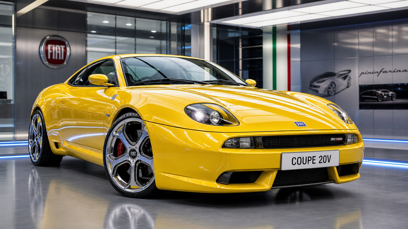 Carro desportivo amarelo Fiat Coupe 20V em exposição numa sala moderna.