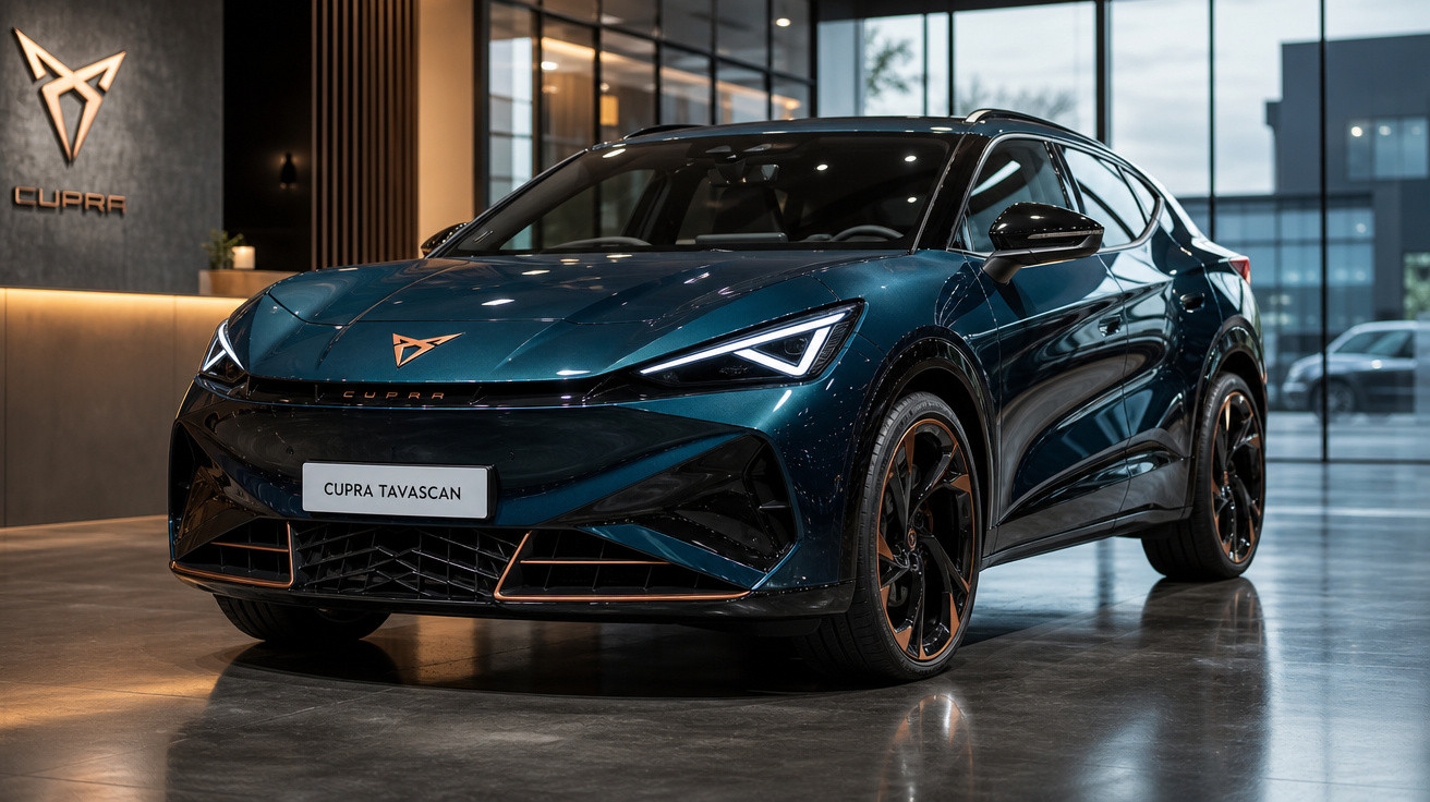 Carro elétrico Cupra Tavascan azul escuro com detalhes em cobre, exposto numa sala moderna.