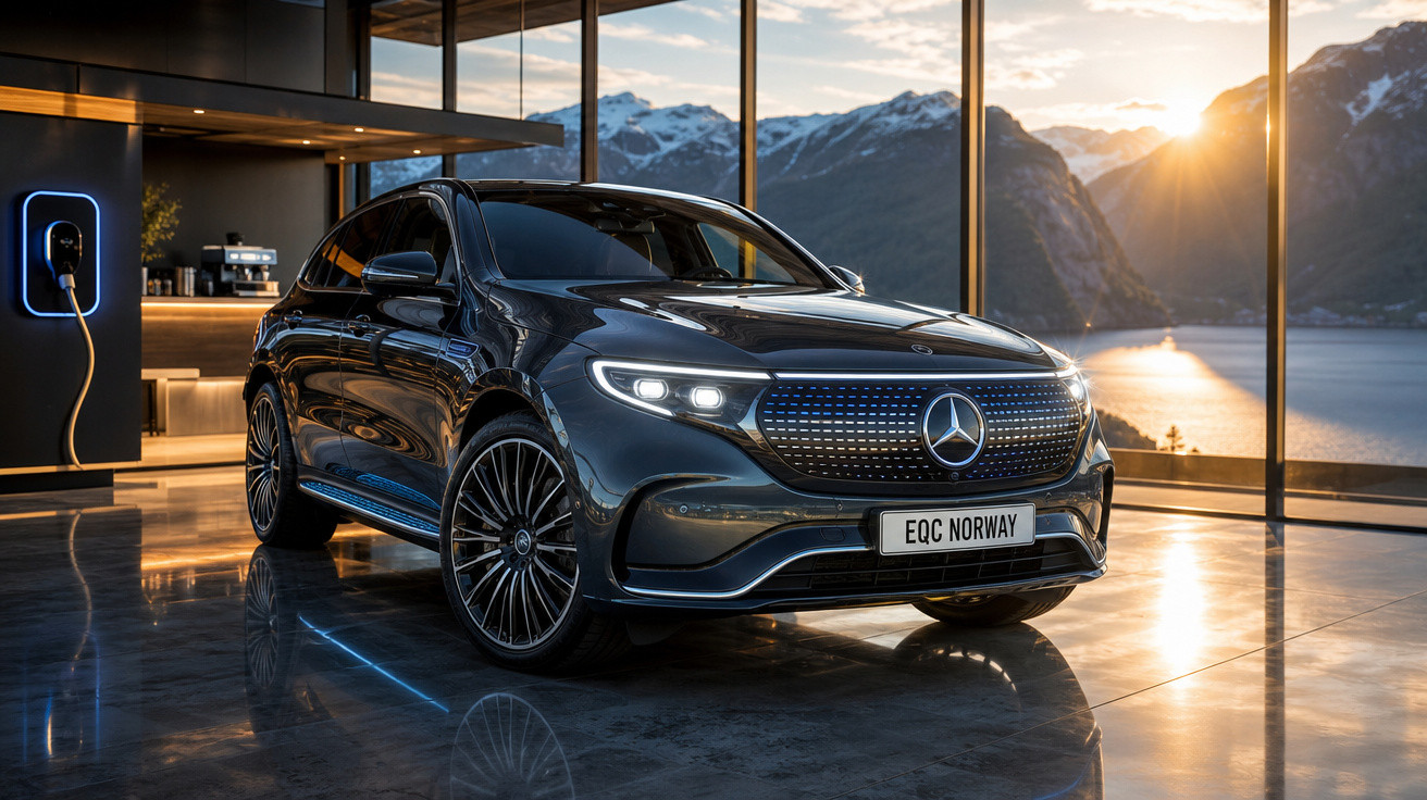 Carro elétrico Mercedes-Benz EQC estacionado em garagem moderna com vista para montanhas e pôr do sol.